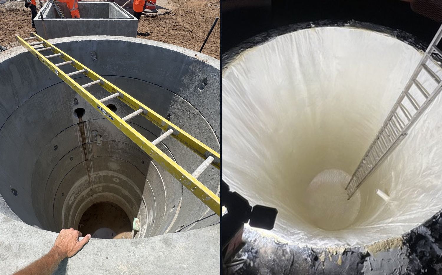A wet well in bare concrete before lining, and the same style of structure freshly lined in white fiberglass